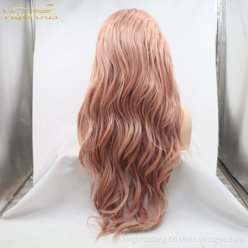 Xuchang Cheap Fashion High Quality Long Natural Wave Pink Color Synthetic Lace Hair Wig Machine Made Fiber Hair Wigs